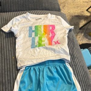 Hurley White Tee with Colorful Logo and Blue Shorts